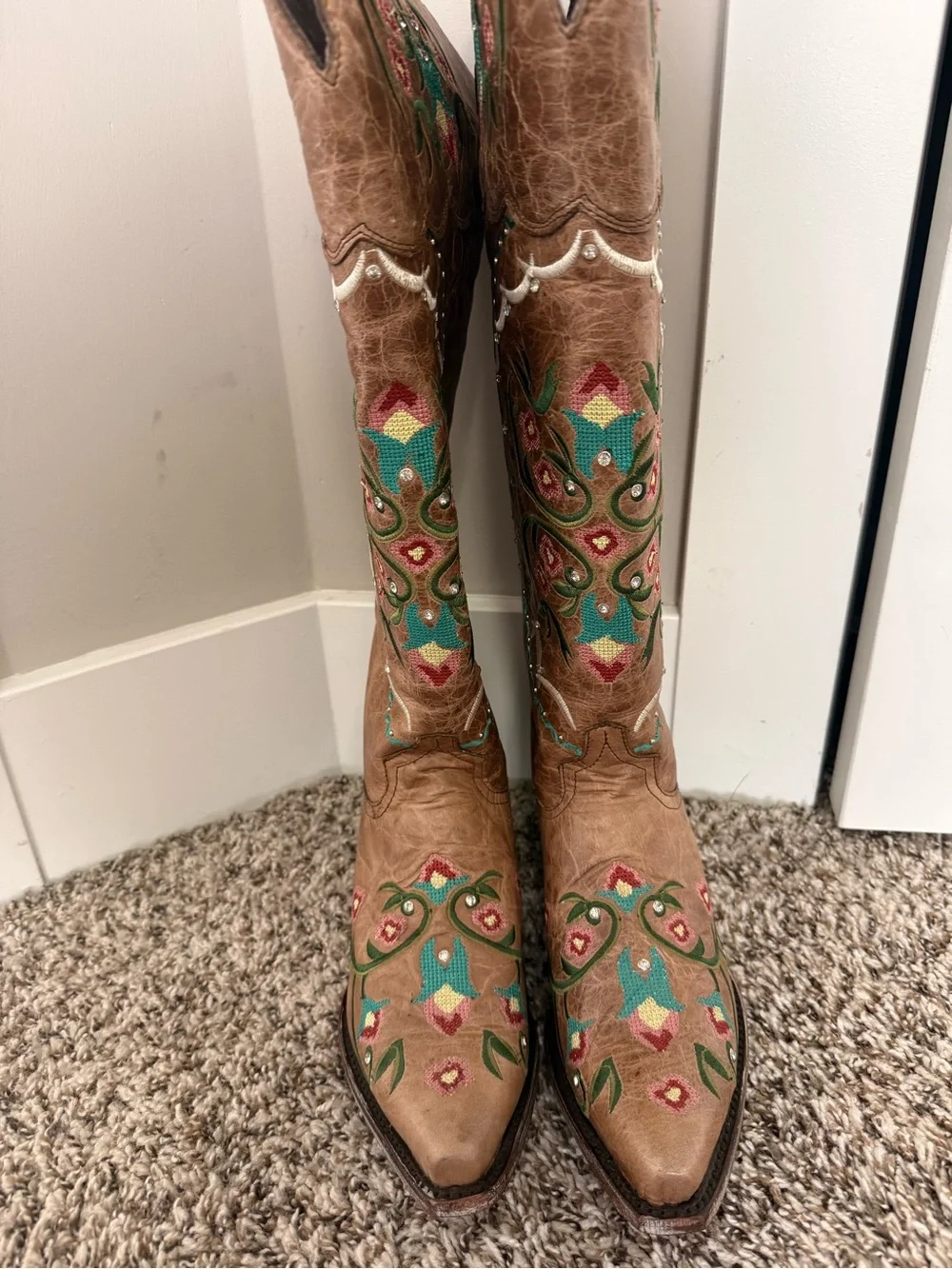 Wildflowers Tan Over-the-Knee Embroidered Boots with Turquoise & Pink Accents